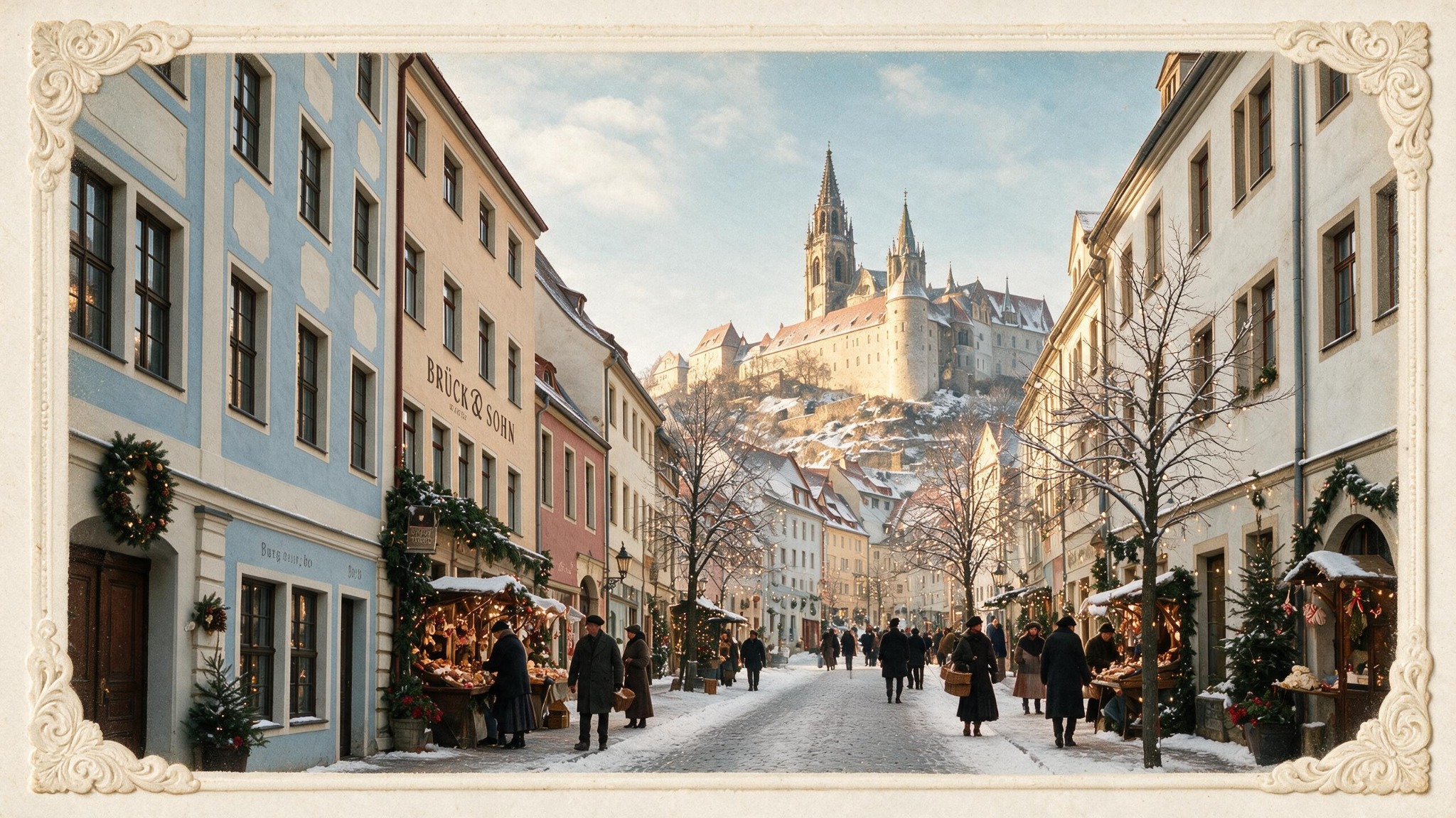 Historisch inspirierte Winteransicht einer Meißner Straße